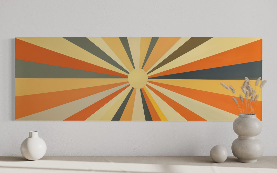 Mid Century Modern Neutral Sun Long Horizontal Framed Canvas Wall Art close up