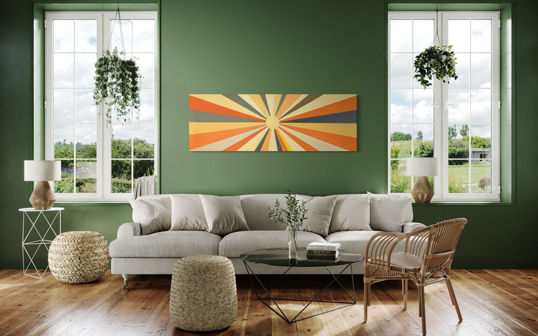 Mid Century Modern Neutral Sun Long Horizontal Framed Canvas Wall Art in green room