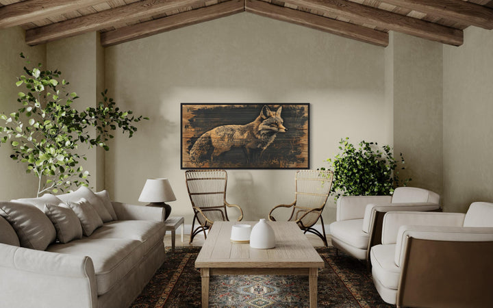 Fox Painted on Dark Wood Framed Canvas Wall Art in cabin living room