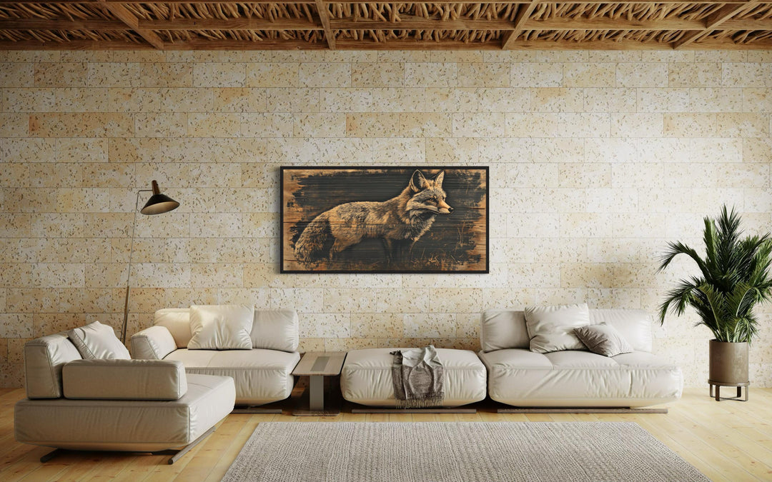 Fox Painted on Dark Wood Framed Canvas Wall Art in cabin living room