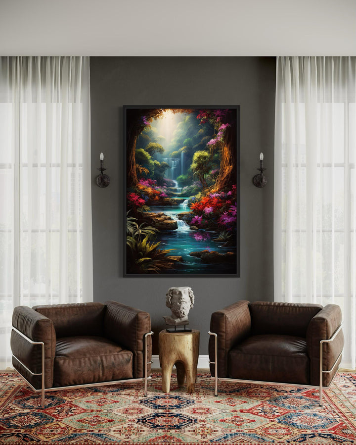 Enchanted Fantasy Forest Painting Framed Canvas Wall Art in living room