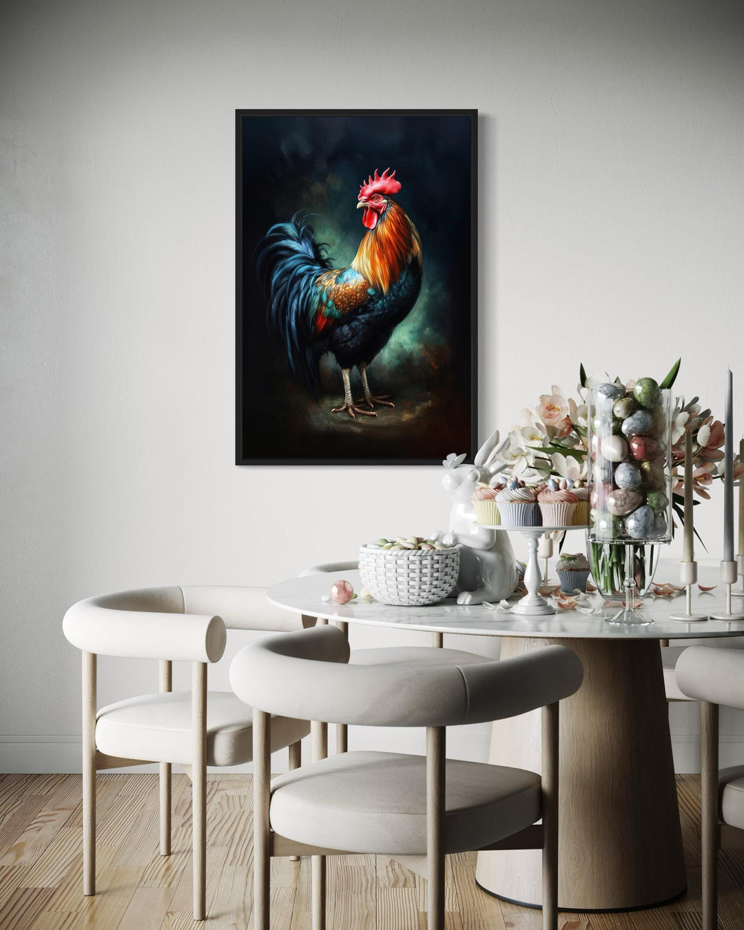 Beautiful Colorful Rooster Framed Canvas Wall Art in the kitchen