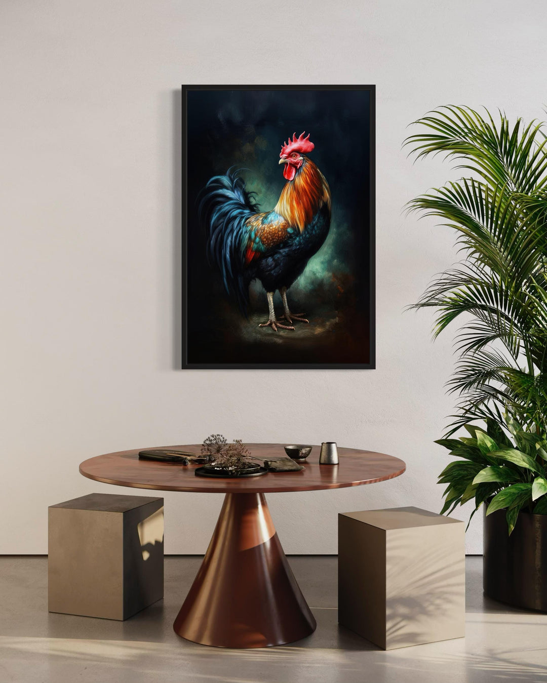 Beautiful Colorful Rooster Framed Canvas Wall Art in the kitchen