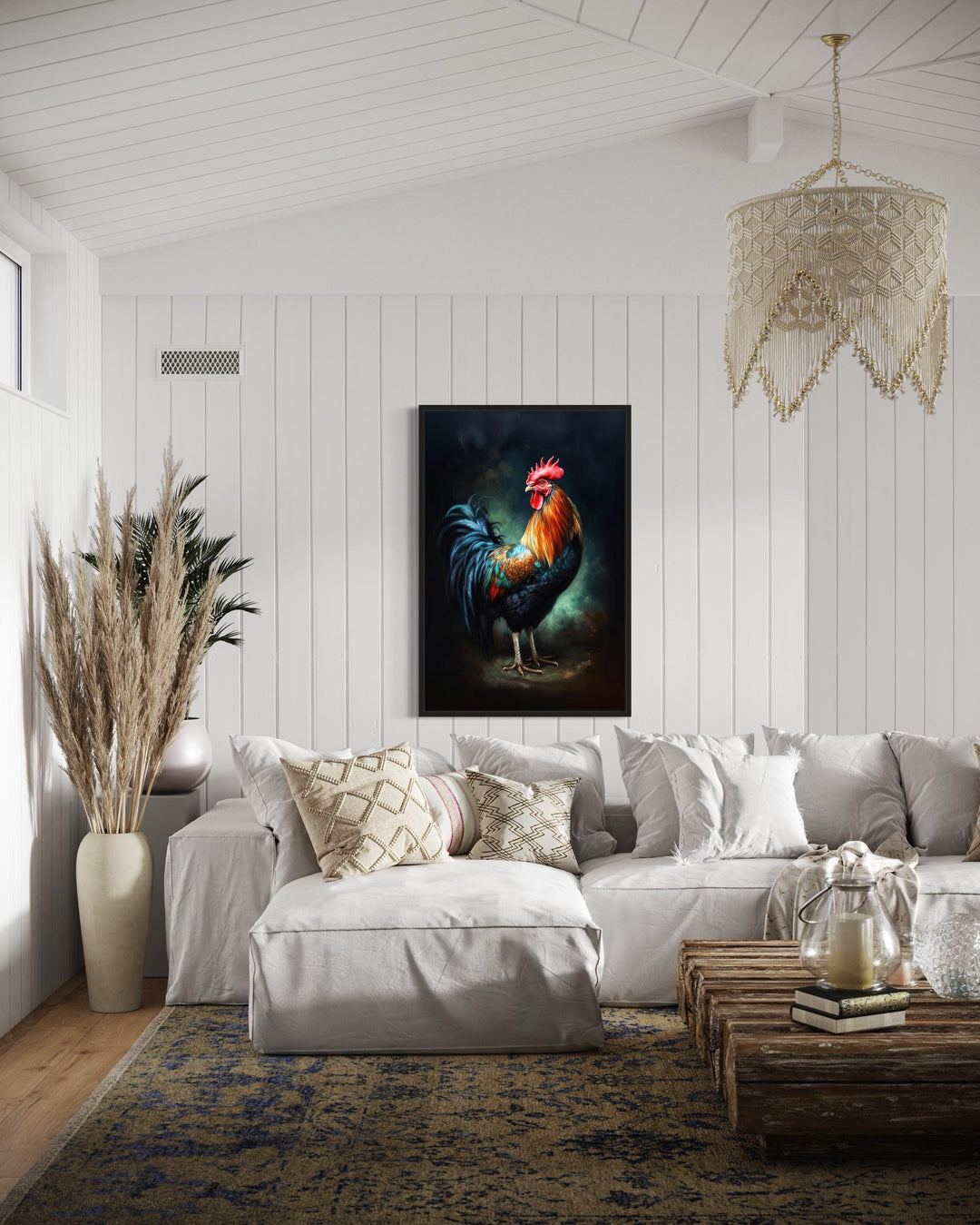 Beautiful Colorful Rooster Framed Canvas Wall Art in farmhouse living room