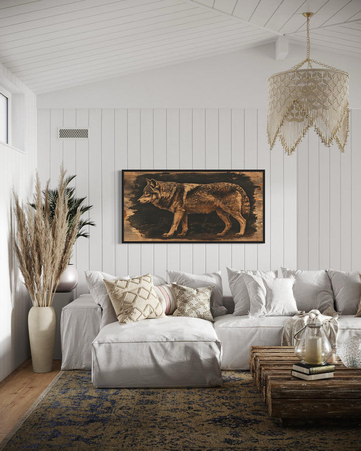 Wolf Painted on Dark Wood Framed Canvas Wall Art in cabin living room