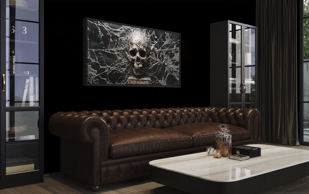 Black White Skeleton Skull With Spiderweb Halloween Wall Art in man cave