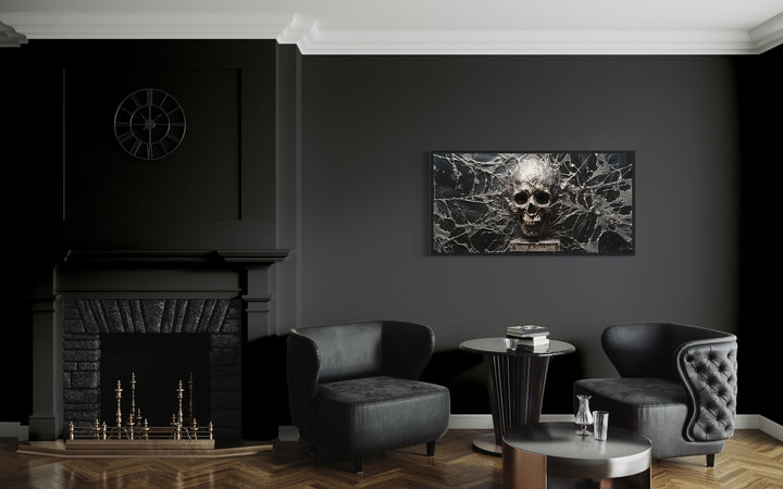 Black White Skeleton Skull With Spiderweb Halloween Wall Art in the office