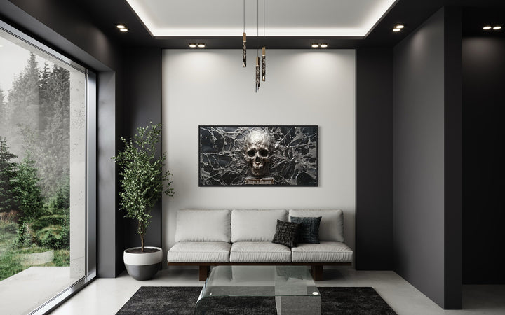 Black White Skeleton Skull With Spiderweb Halloween Wall Art in living room