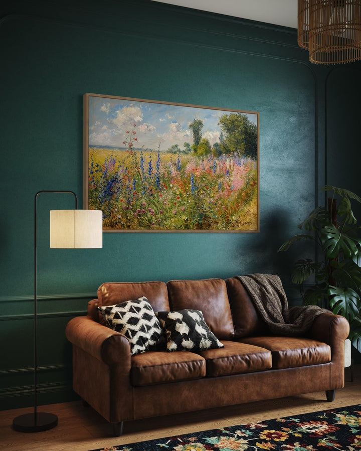 Antique Wildflowers Field Impressionist Framed Canvas Wall Art above brown couch