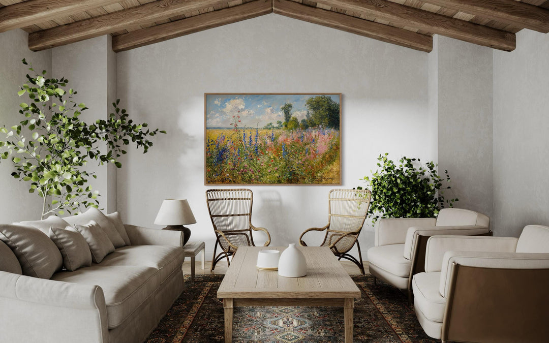 Antique Wildflowers Field Impressionist Framed Canvas Wall Art in rustic room