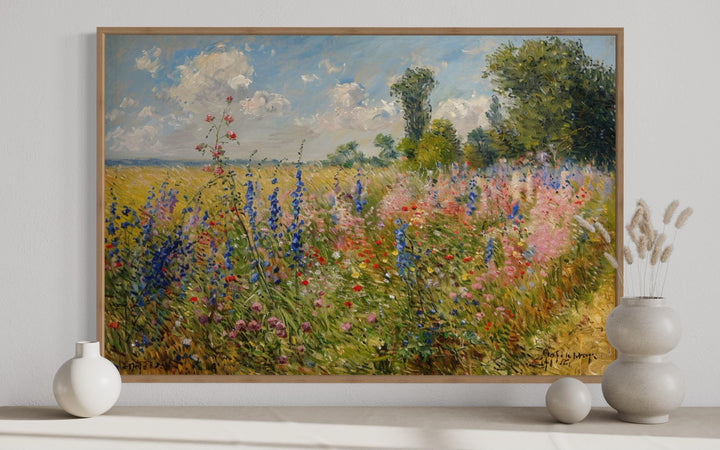 Antique Wildflowers Field Impressionist Framed Canvas Wall Art close up