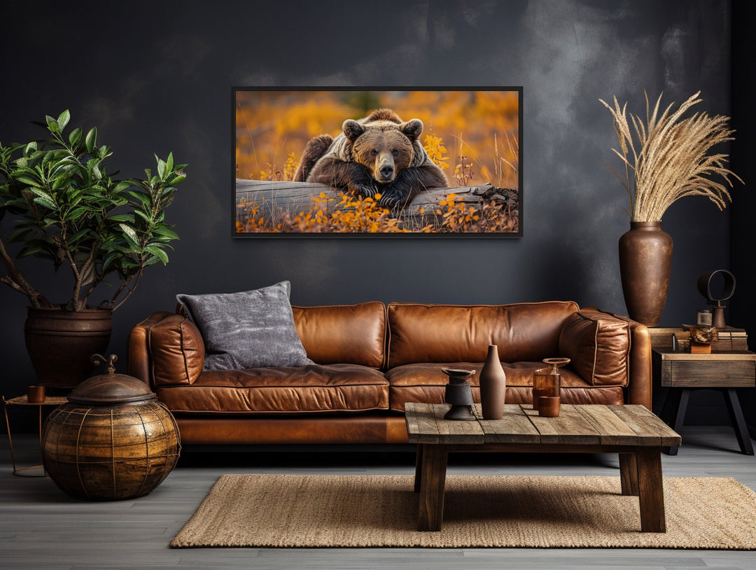 Grizzly Bear On A Log In Autumn Forest Framed Canvas Wall Art