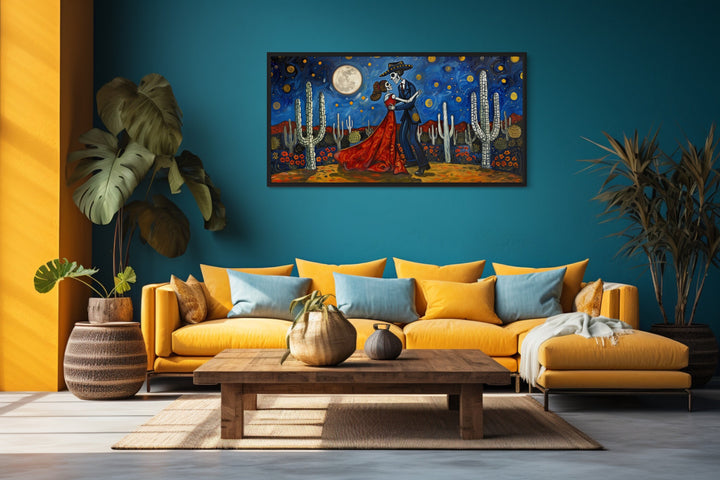 Day of The Dead Skeleton Couple Dancing In Desert At Night Mexican Wall Art in mexican room