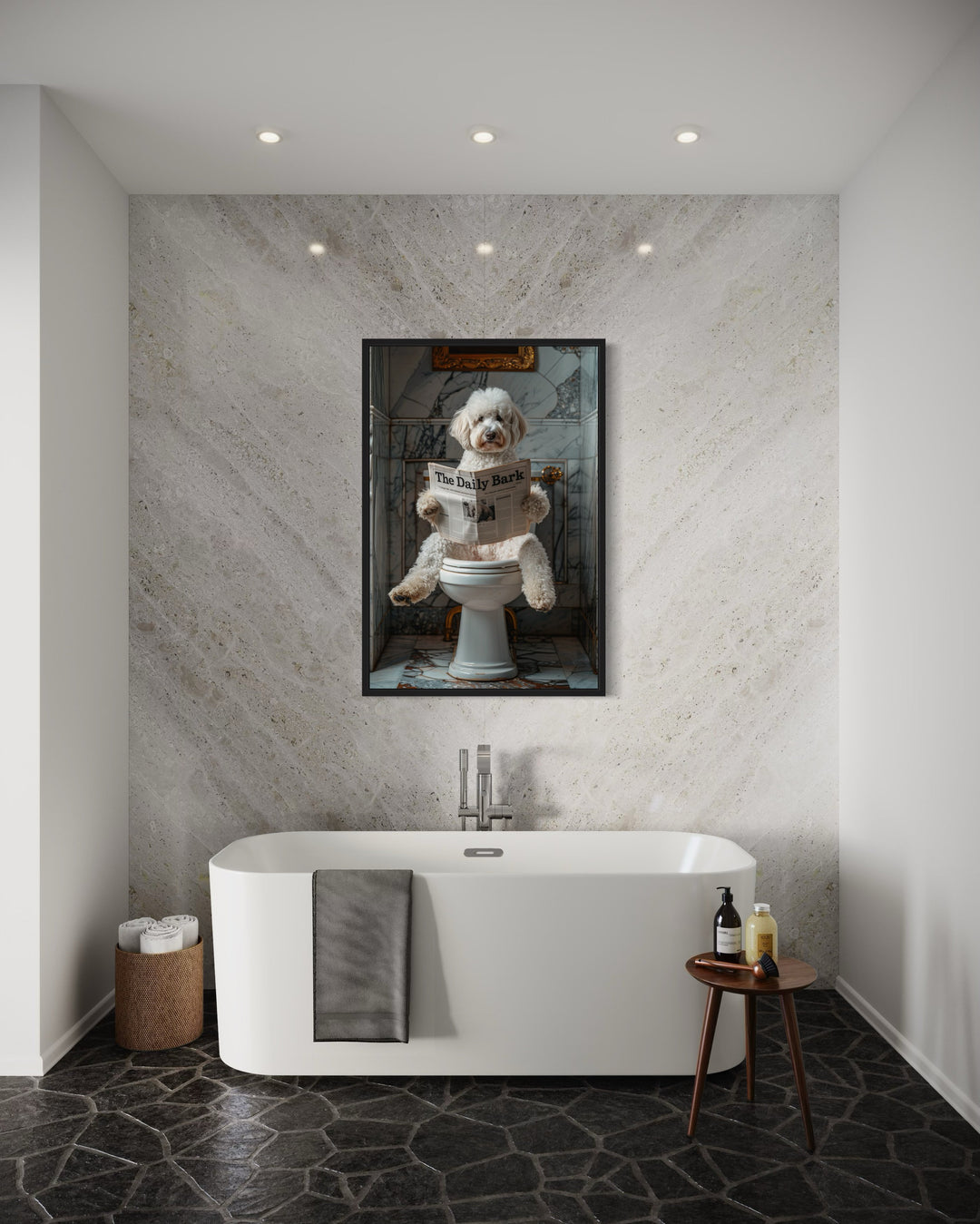 White Goldendoodle Dog On The Toilet Reading Newspaper Wall Art in the bathroom