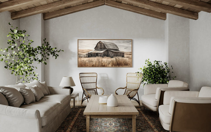 Rustic Chic Old Farm Barn Painting On Wood Framed Canvas Wall Art in farmhouse