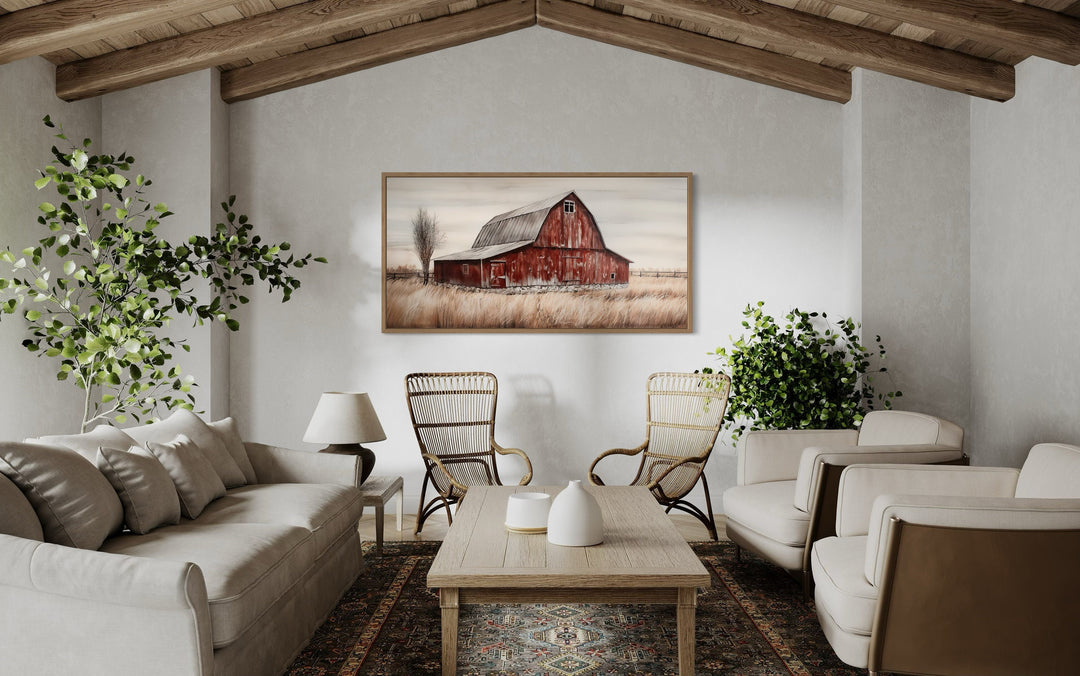 Rustic Red Old Farm Barn Painting On Wood Farmhouse Canvas Wall Art