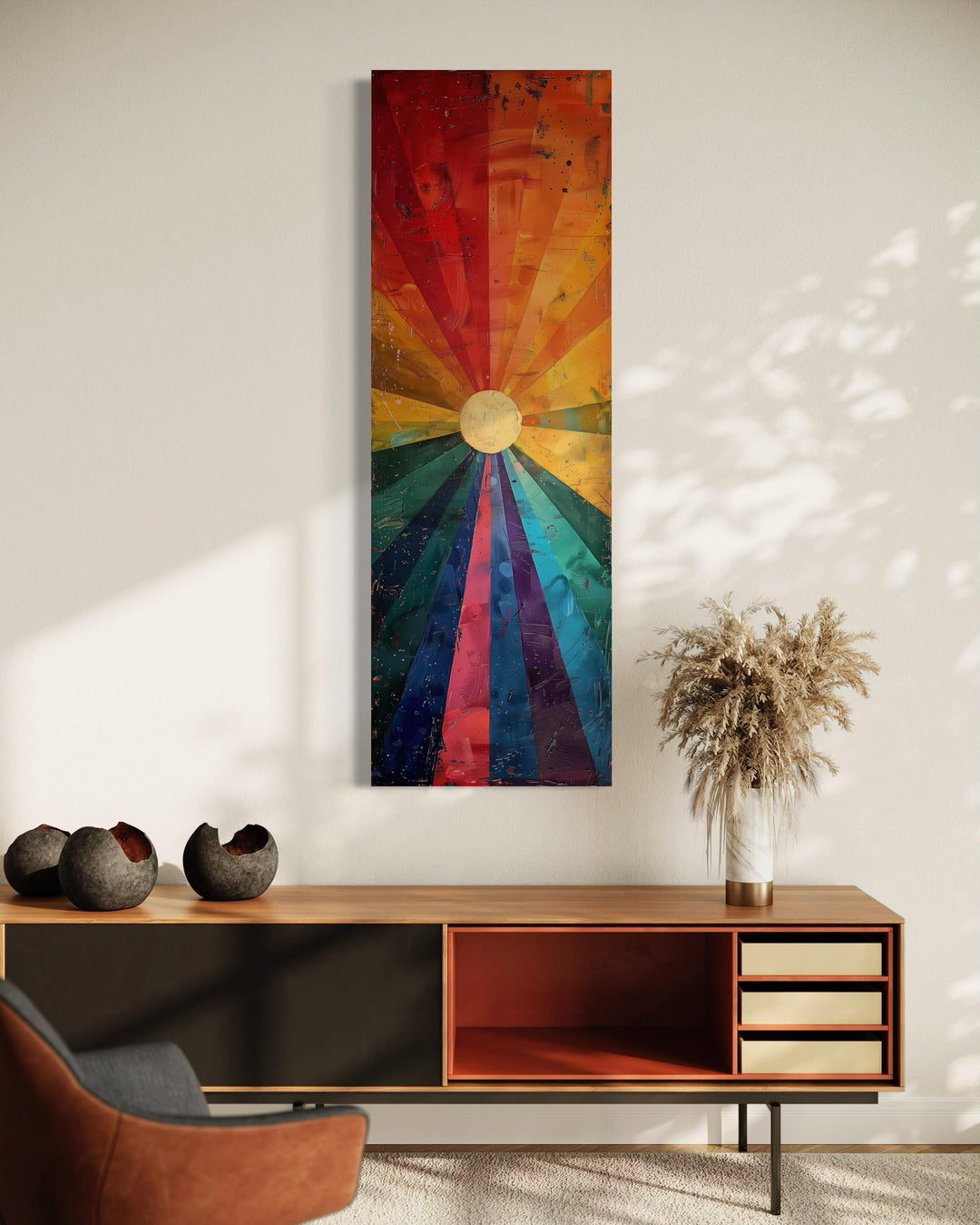 Tall Narrow Orange Purple Sun Framed Canvas Wall Art in living room