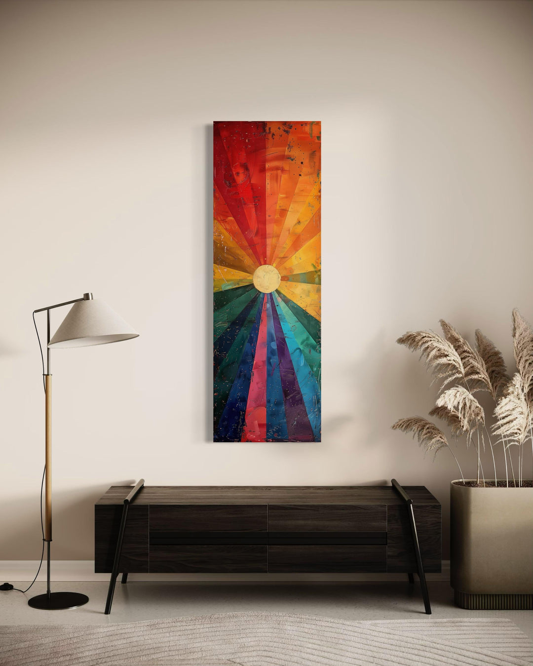 Tall Narrow Orange Purple Sun Framed Canvas Wall Art in living room