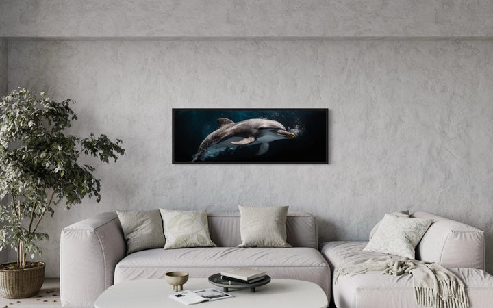 Dolphin Under Water Framed Horizontal Canvas Wall Art above grey couch