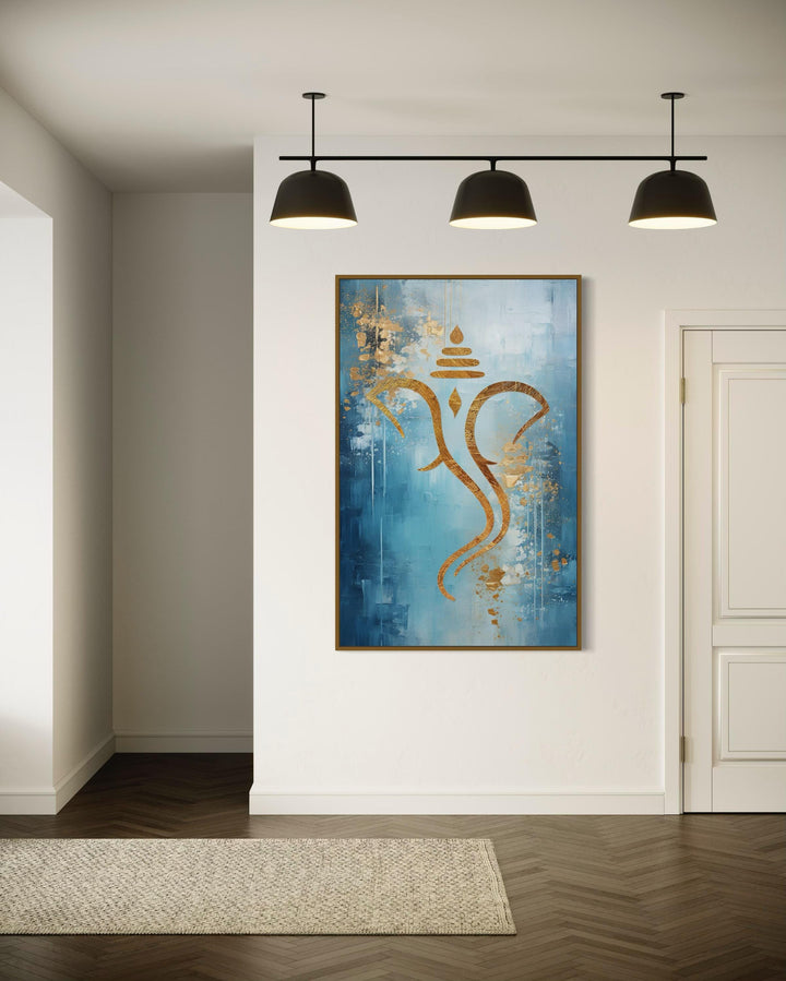 Blue Gold Minimalist Lord Ganesha Framed Canvas Wall Art in living room