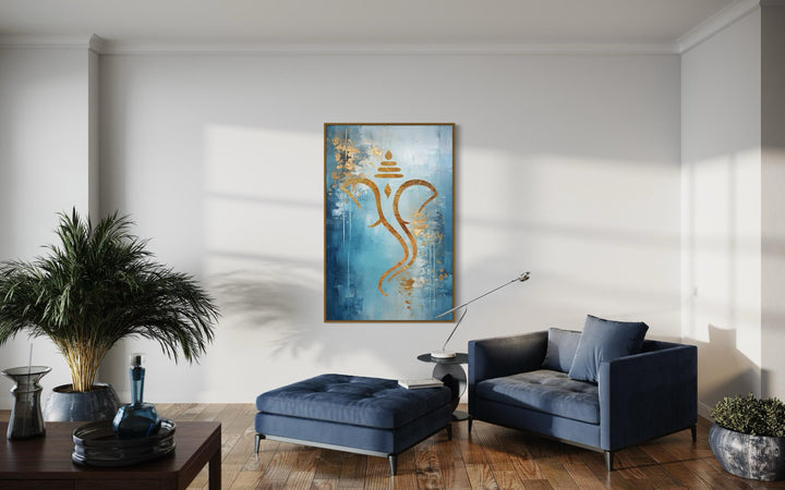 Blue Gold Minimalist Lord Ganesha Framed Canvas Wall Art in living room