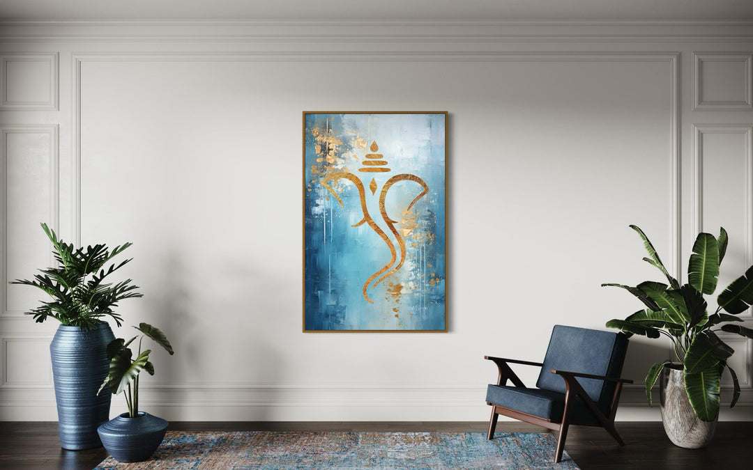 Blue Gold Minimalist Lord Ganesha Framed Canvas Wall Art in living room