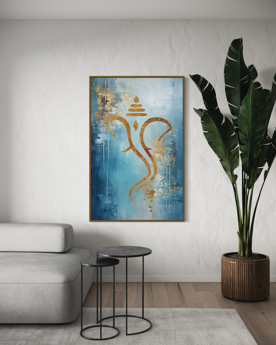 Blue Gold Minimalist Lord Ganesha Framed Canvas Wall Art in living room