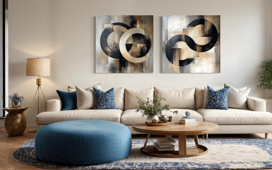 Set of 2 Black Beige Gold Abstract Geometric Square Living Room Wall Art in living room