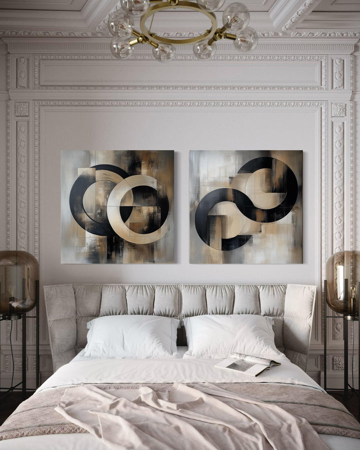 Set of 2 Black Beige Gold Abstract Geometric Square Living Room Wall Art above bed