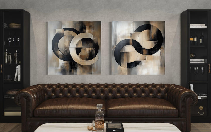 Set of 2 Black Beige Gold Abstract Geometric Square Living Room Wall Art in living room