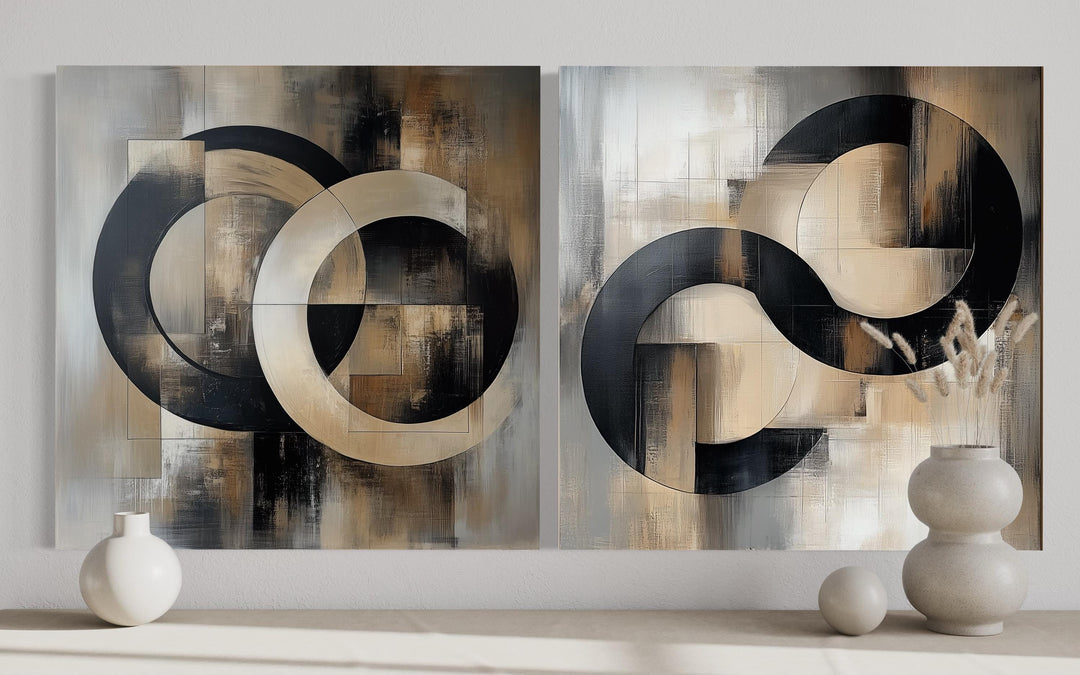 Set of 2 Black Beige Gold Abstract Geometric Square Living Room Wall Art close up