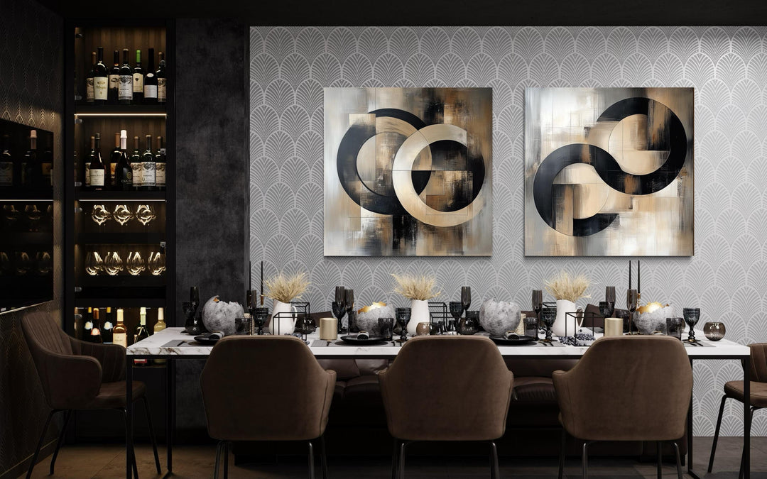 Set of 2 Black Beige Gold Abstract Geometric Square Living Room Wall Art in dining room