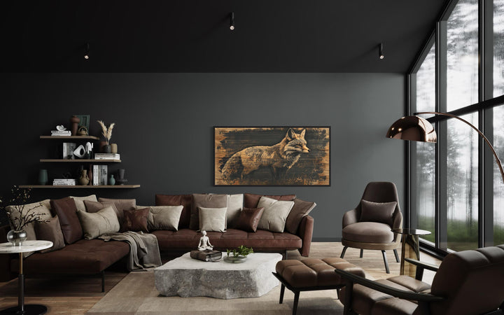 Fox Painted on Dark Wood Framed Canvas Wall Art in cabin living room