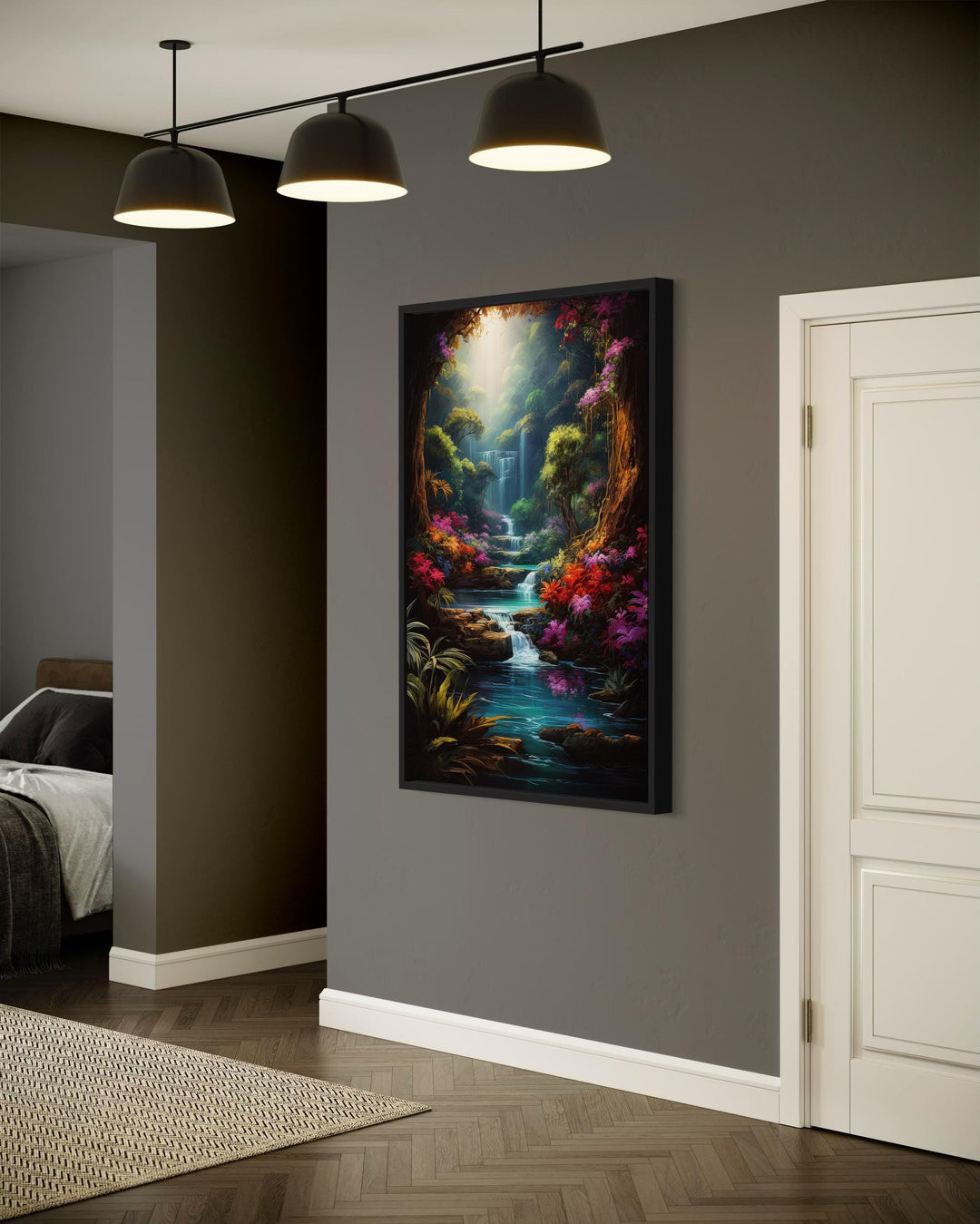 Enchanted Fantasy Forest Painting Framed Canvas Wall Art in living room