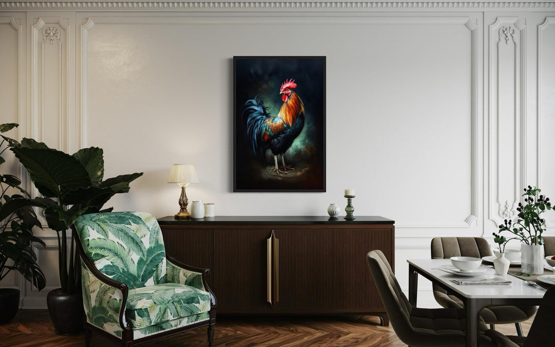 Beautiful Colorful Rooster Framed Canvas Wall Art in the dining room