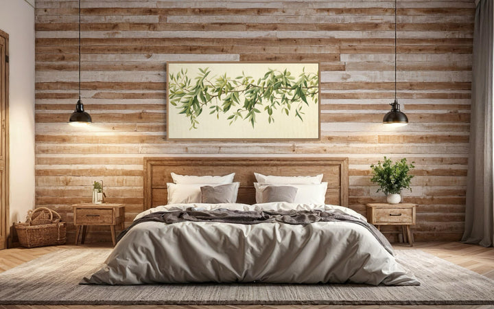 Green Leaves Sage Green Framed Canvas Wall Art above bed