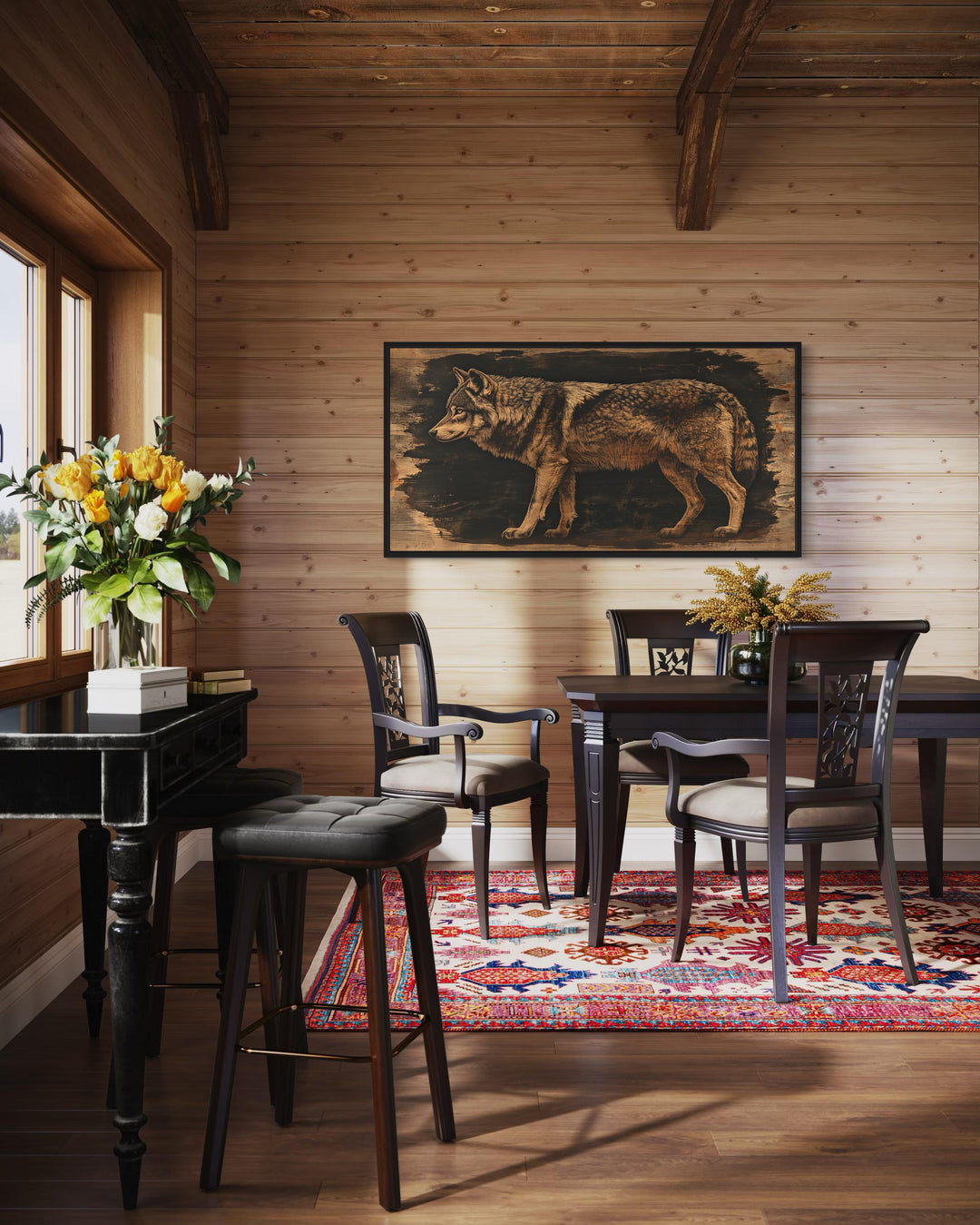 Wolf Painted on Dark Wood Framed Canvas Wall Art in cabin dining room