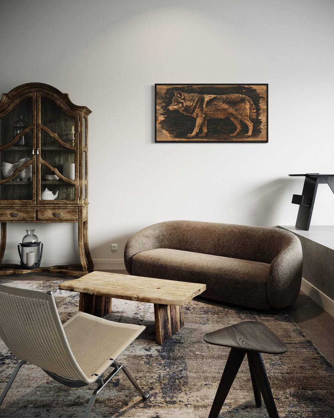 Wolf Painted on Dark Wood Framed Canvas Wall Art in cabin living room