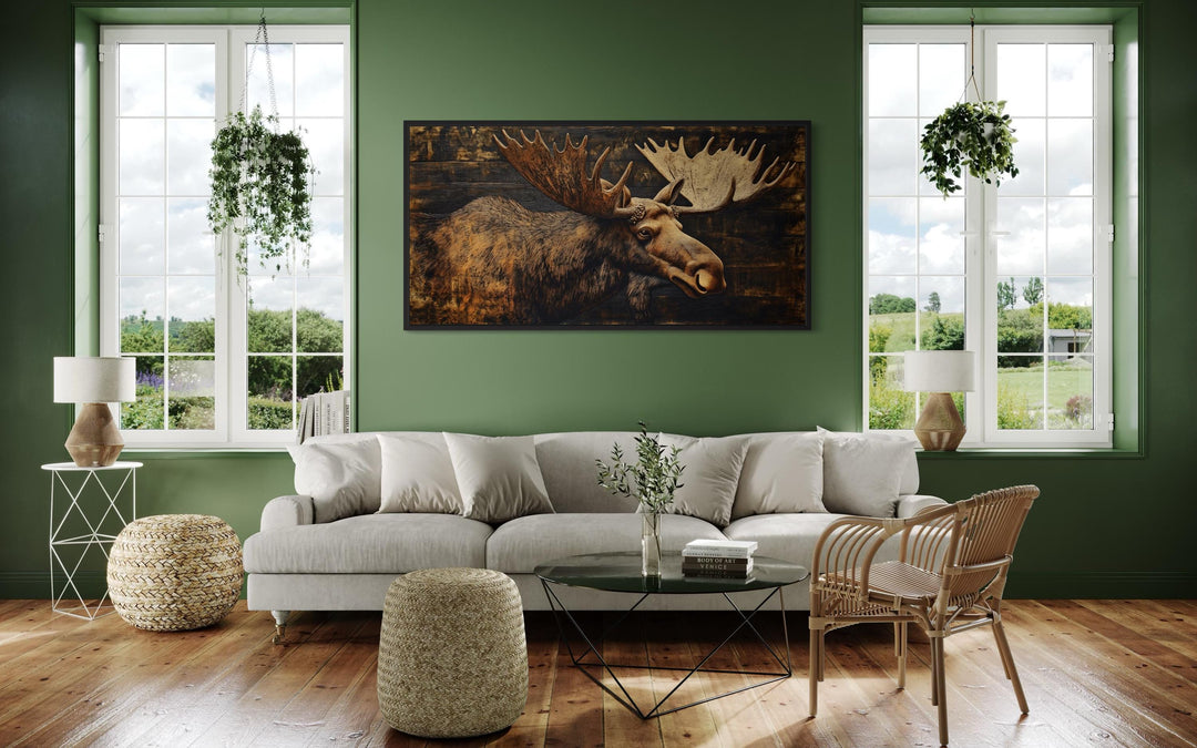 Moose Painted on Dark Wood Framed Canvas Wall Art in cabin green room