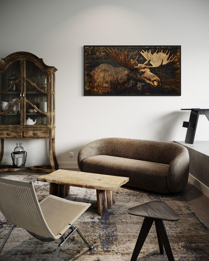 Moose Painted on Dark Wood Framed Canvas Wall Art in cabin rustic room