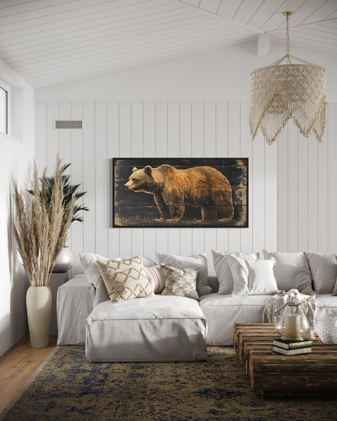 Bear Painted on Dark Wood Framed Canvas Wall Art in the cabin