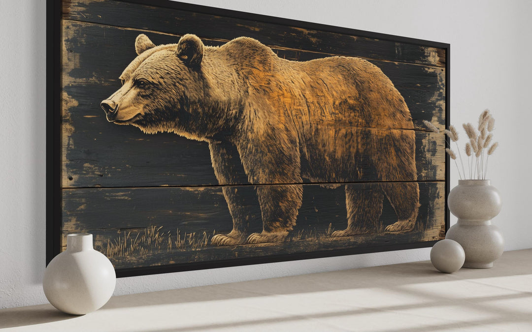 Bear Painted on Dark Wood Framed Canvas Wall Art close up