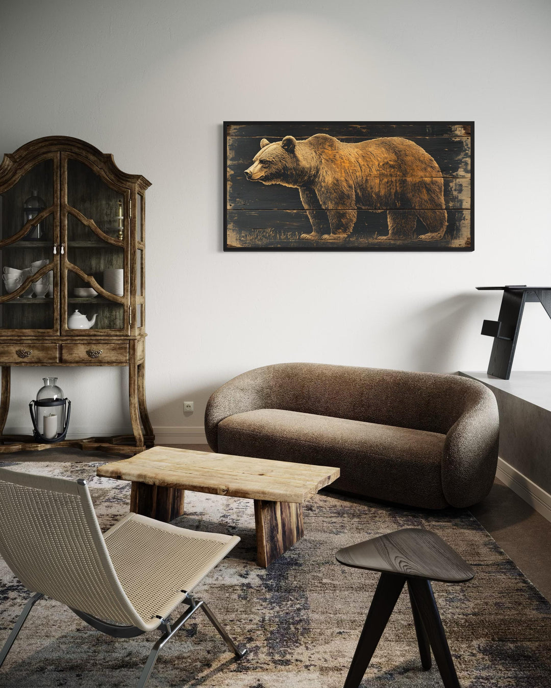 Bear Painted on Dark Wood Framed Canvas Wall Art