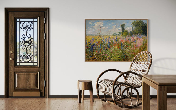 Antique Wildflowers Field Impressionist Framed Canvas Wall Art in rustic room