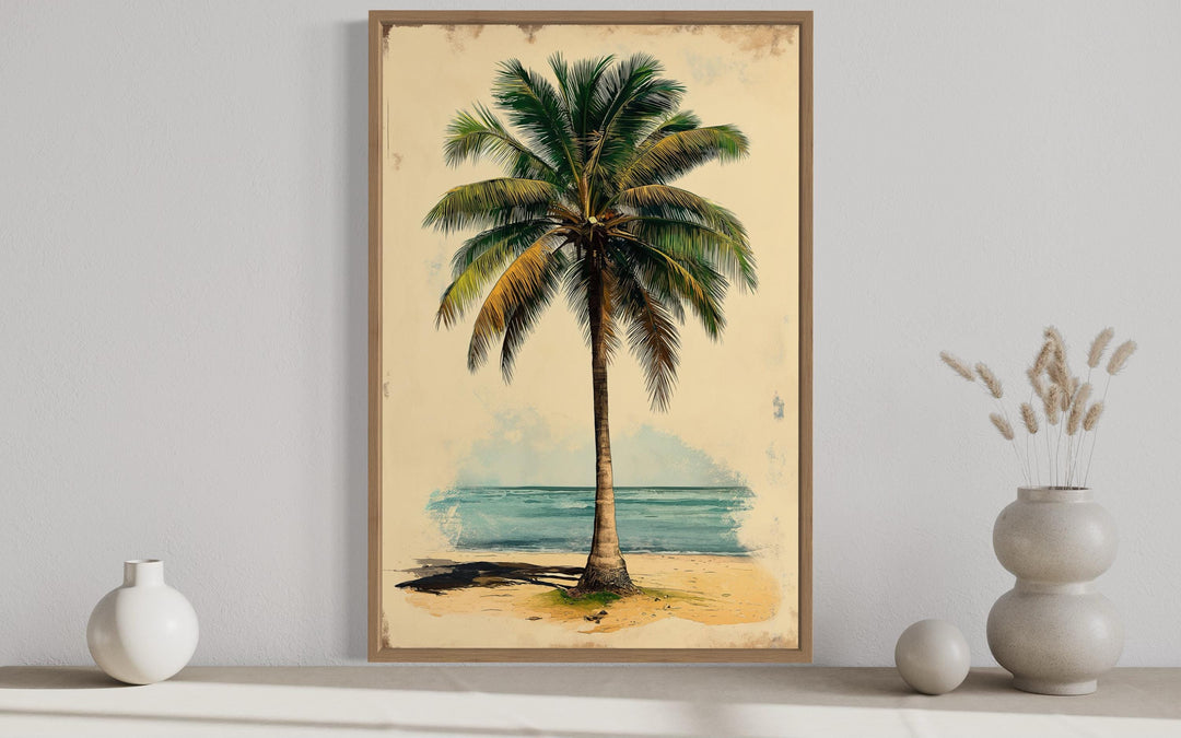 Palm Tree On The Beach Vintage Style Framed Canvas Wall Art close up