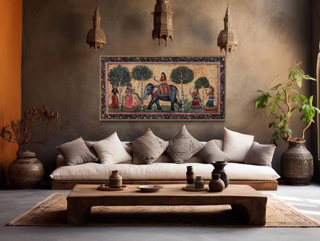 Indian Elephant Madhubani Style Painting Framed Canvas Wall Art in traditional Indian room