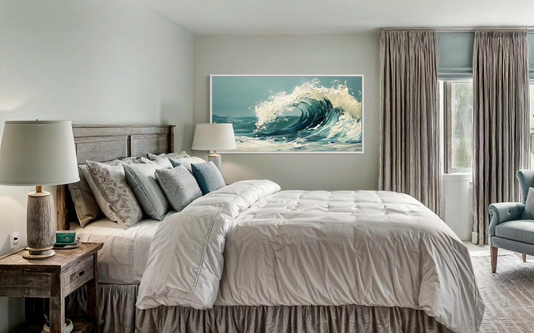 Abstract Ocean Wave Framed Canvas Wall Art in coastal bedroom