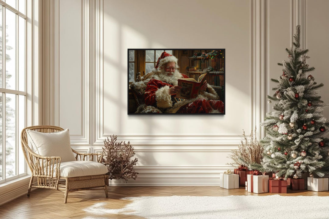 Santa Reading A Book Framed Canvas Wall Art in christmas decorated room