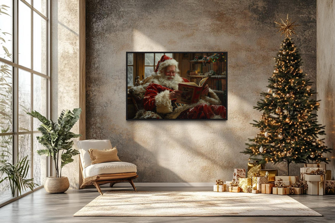 Santa Reading A Book Framed Canvas Wall Art in christmas decorated room