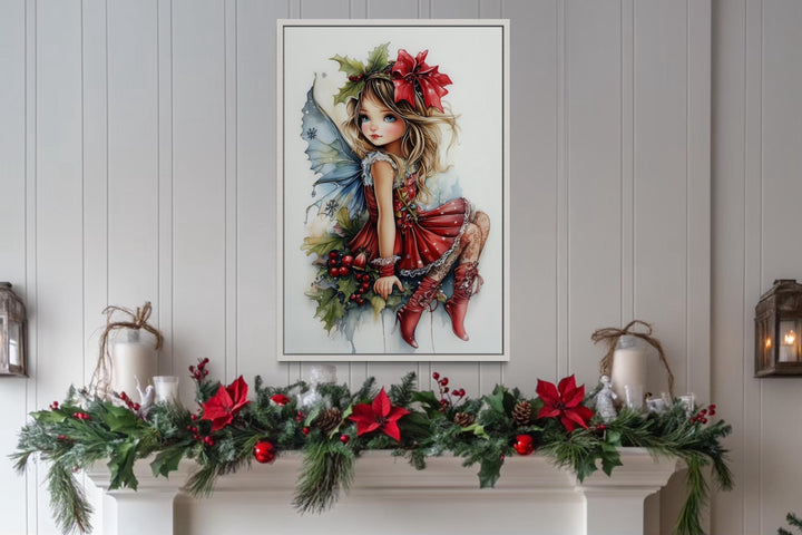 Christmas Fairy Sitting on Mistletoe Framed Canvas Wall Art